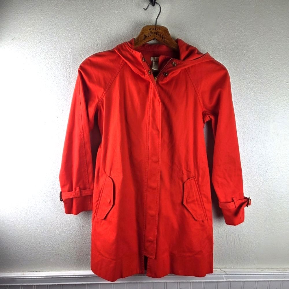 Women's J.Crew Bright Orange Winter Raincoat Hooded Jacket Size 00/XXS